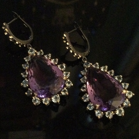 Exceptional Genuine  AAA+ Royal Purple Amethyst & Aquamarine Earrings - Picture 4 of 9